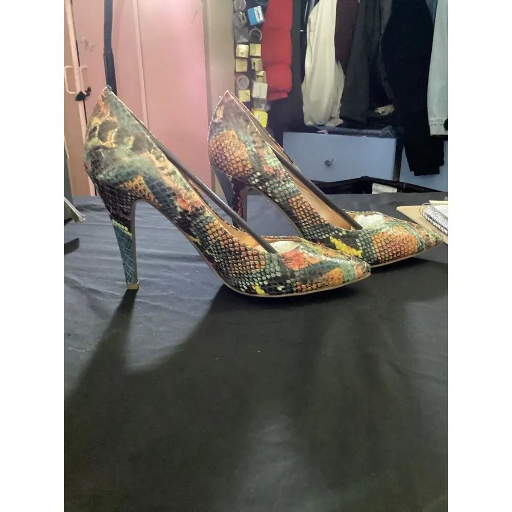 BCBG Multicolor Snakeskin Pointed Toe Heels